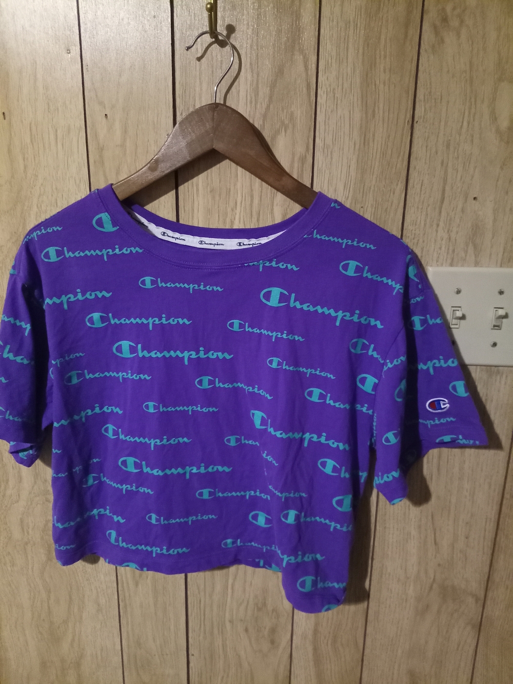 Champion Purple Crop Tee with Aqua Logo Print